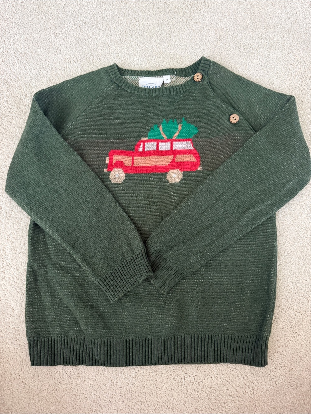 4T The Smockwe Bear Green Knit Sweater with classic Red Car Christmas